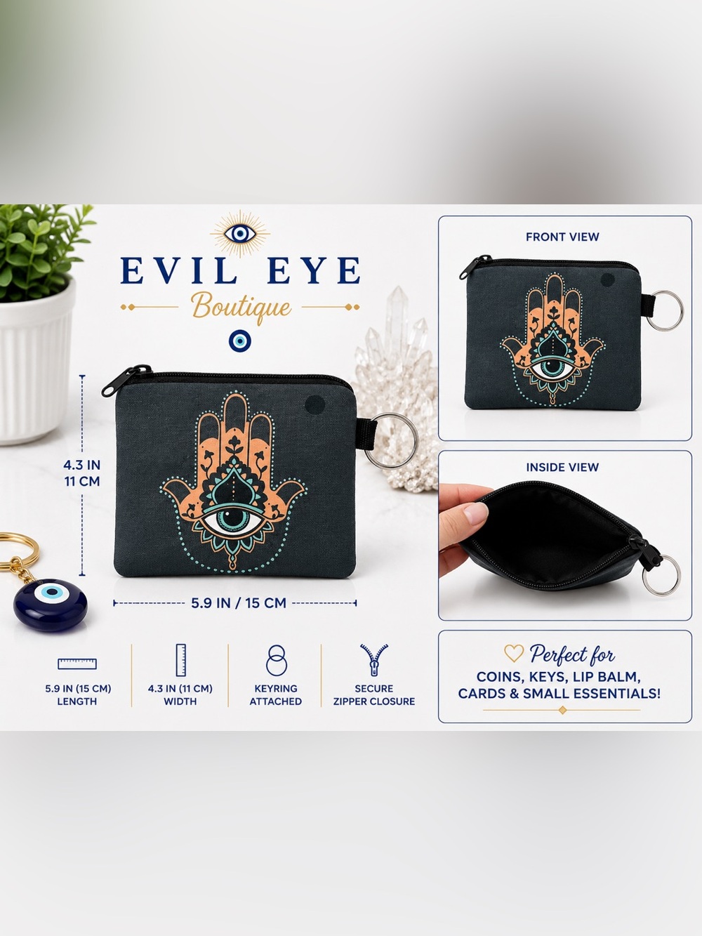 🪬Women's Black Hamsa Coin Purse with Keyring